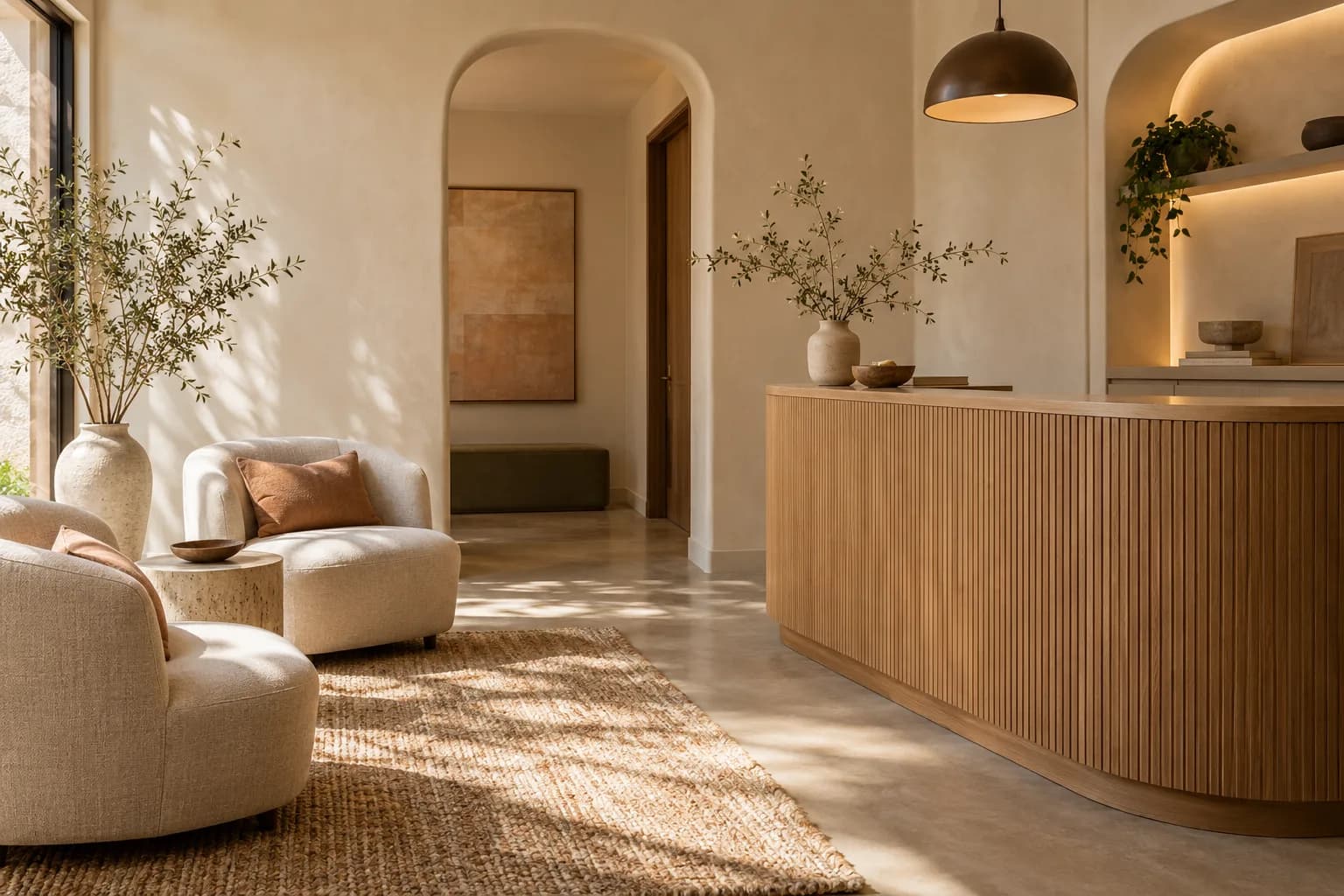 A small clinic reception with an oak desk, two linen chairs and a branch in a ceramic vase.