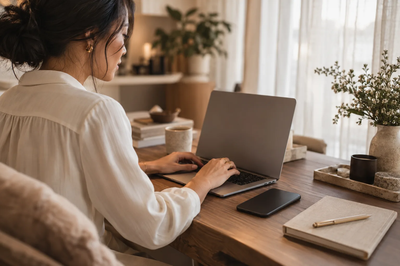 Over-the-shoulder view of a clinic owner typing at a laptop beside a linen notebook.